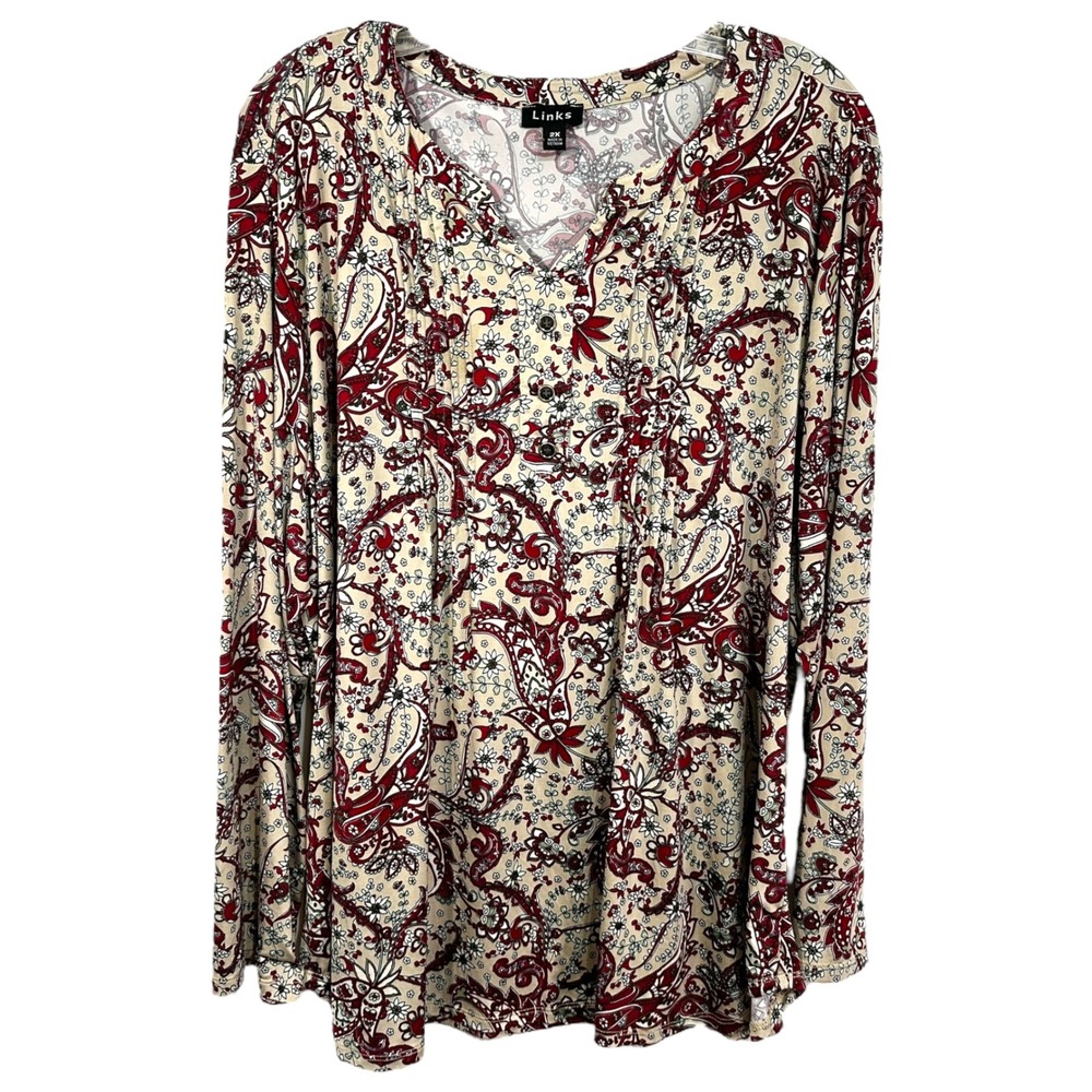 Links Plus Size 2X Top Paisley Print Long Sleeve V Neck Blouse Knit Pullover 838